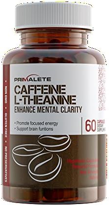 Natural Caffeine (200mg) + L-Theanine (200mg) by Primalete - Boost Energy, Focus, &amp; Mood - 100% Natural Formula - 60 Vegetarian Capsules