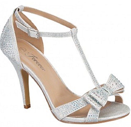 Forever Link Alina-64 Rhinestone Glitter TStrap Bow Detail Formal Heel (7, Silver)