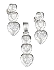 Sterling Silver Triple Graduated Cubic Zirconia Heart Earring and Pendant Set