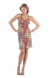 2 PC. Halter mini dress with vibrant avant garde print, criss cross back, and matching G-string.