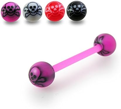 14Gx3/4 (1.6x19MM) Flexible Straight Barbell with 6MM UV Skull Ball Tongue Piercing Rings - 10 Pieces Assorted Color as Show