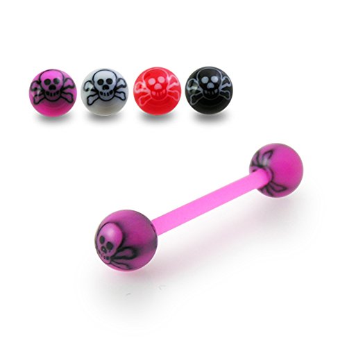 14Gx3/4 (1.6x19MM) Flexible Straight Barbell with 6MM UV Skull Ball Tongue Piercing Rings - 10 Pieces Assorted Color as Show