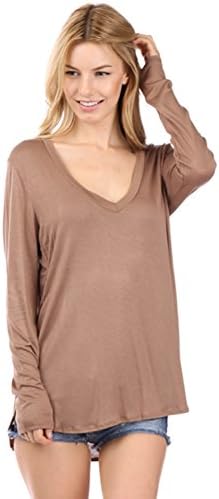 Le More V-neck Hi-Low Long Sleeves Round Edge Top Large Mocha