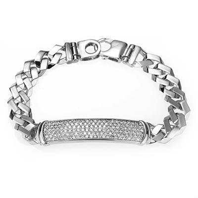 Men’s Sterling Silver CZ ID Curb Link Bracelet Rhodium Plated 8.5″