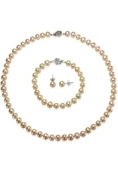 Peach Pink Cultured Pearl Strand Silver Choker Necklace, Bracelet & Earrings Set