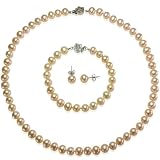 Peach Pink AAA Cultured Pearl Strand Platinum Overlay Sterling Silver Choker Necklace, Bracelet & Earrings Set