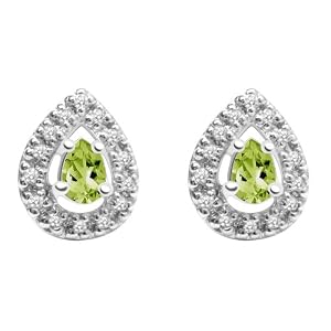 10k White Gold, August Birthstone, Peridot and Diamond Pear Shaped Earrings by