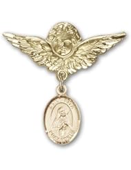 Gold Filled Baby Badge with St. Rita of Cascia Charm and Angel with Wings Badge Pin