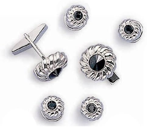 Giorgio Bissoni Round Jet Black Stone w/ Silver Flower Trim Cufflink & Stud set - One Size
