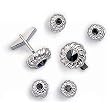 Giorgio Bissoni Round Jet Black Stone with Silver Flower Trim Cufflink and Stud set