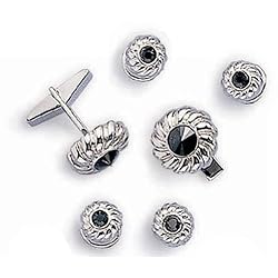 Giorgio Bissoni Round Jet Black Stone with Silver Flower Trim Cufflink and Stud set