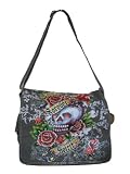 Marsellie Denim Grey Denim Skull & Rose Retro Print Messenger Bag PL