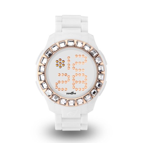 Zerone Bedazzled White IP Rose Gold Digital Watch (Clear Swarovski Crystal)