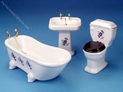 Miniature Porcelain Bathroom Set with Purple Violets