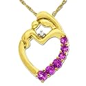 14k Yellow Gold Created Pink Sapphire and Diamond Mother Holding Child Pendant, 18"