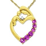 14k Yellow Gold Created Pink Sapphire and Diamond Mother Holding Child Pendant, 18