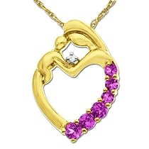 14k Yellow Gold Created Pink Sapphire and Diamond Mother Holding Child Pendant, 18"