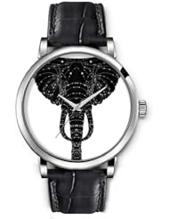 Analog Silver Ladies Girls Watches Black Leather Wristband - Elephant