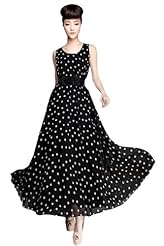 Chiffon/Polyester/Spandex Sleeveless Polka Dot Print Belted Round Neck Maxi Dress 