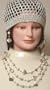 Ivory White Amber Multi Size Beads Very Long Chain Necklace Shown As Three Strands Earrings Offered in Combination with Hand Crocheted Metallic Silver Gimp Skull Cap