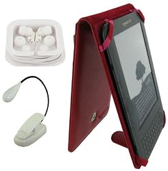 rooCase 3n1 Flip (Red) Leather Case with LED Clip-On Book Light and Earbud for Amazon Kindle Wireless Reading Device with 6 Display 3G + Wi-Fi (3rd Generation and Latest Generation)