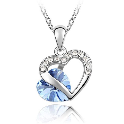 Blue Crystal Double Heart Pendant, Elegant & Fashionable Women Necklace, 18K White Gold Plated, Free 18 Inch Chain - SUPER NICE