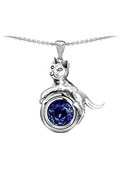 Original Star K (tm) Cat Lover Pendant with September Birthstone Round 7mm Created Sapphire in .925 Sterling Silver
