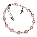 Sterling Silver Children's First Communion Rosary Bracelet with Soft Pink Freshwater Pearls, Crystals, and Silver Cross Charm (6-11 years) in Black Velvet Gift Box (6 - 6.5