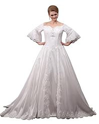 A-line Lace Basque   Waistline Floor Length Flutter Off the Shoulder Satin  Dress