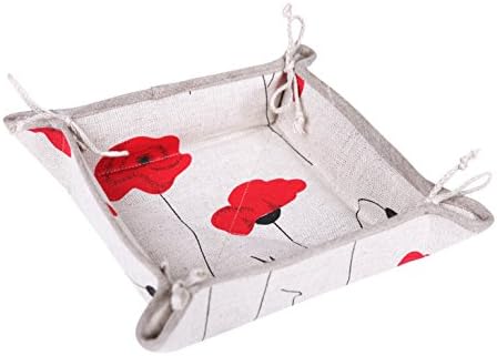 Linen Bread Basket by Sweet Home Linen TM - Small Square Fabric Basket For Bread, Cracker, Baguette and Fruit. Makes a Great Gift And is Perfect for Casual Use or Family Festivities! (Poppies)
