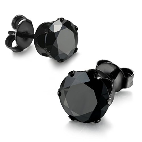 Jstyle Stainless Steel Mens Cubic Zirconia Stud Earrings for Women Black Pierced Hypoallergenic 3-8mm