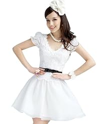 V-neck Short Cotton Puff Sleeves Pleated Lace  Dress