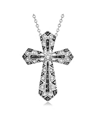 Ladies Roman Cross Pendant with Dazzling Round Black and White Diamonds in 14K White Gold 0.33tcw