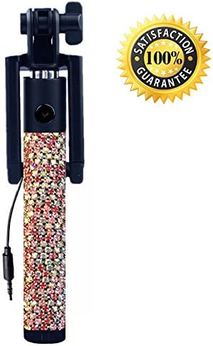 Mini Selfie Stick, Silver Clear and Pink Crystals, Ryloon (Tm), Black Wired Stick for Iphone 6, 6 Plus, 5, 5s, 5c, 4s, 4, Samsung Galaxy S6 S5, Android