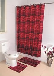 Bath Ensemble, Shower Curtain, 12 Fabric Rings, Bath and Contour Mat, Trieste Fusion Red