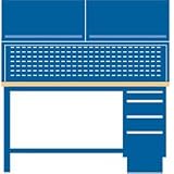 60x30x64.75 Cabinet & Leg Workstation W/4 Drawers, Stat. Riser Shelf, 2 Ovhd Cabs/Static Dis. Top