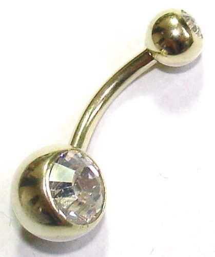 Pierced & Modified Body Jewellery - Navel Bars - Gold Titanium Double Gem Belly Bar - Clear/White
