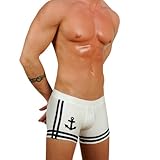 Men's New Sailor White 2 Boxer Square Cut Swimsuit by Gary Majdell Sport Size Small Men's New Sailor White 2 Boxer Square Cut Swimsuit by Gary Majdell Sport Size Small