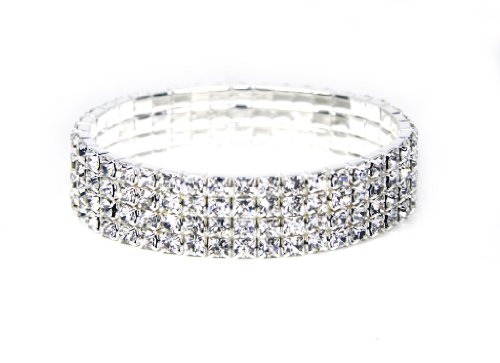 White Gold Tone Stretchable Link Tennis Bracelet with Diamond Cut Cubic Zirconia Crystal Four Strands
