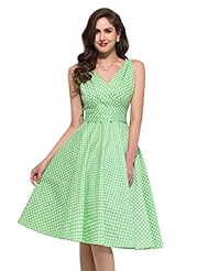 V-neck Cocktail Polka Dot Print Pleated Ruched Vintage Cotton Sleeveless Flared-Skirt Homecoming Dress/Bridesmaid Dress/Prom Dress/Wedding Party Dress 