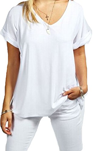 Women's Casual V-Neck Roll Over Short Sleeve Solid Loose T-Shirt Blouse