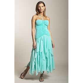 BCBG AQUA SILK CHIFFON JERSEY HALTER DRESS NEW L