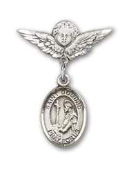 Sterling Silver Baby Badge with St. Dominic de Guzman Charm and Angel with Wings Badge Pin