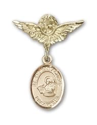 14K Gold Baby Badge with St. Thomas Aquinas Charm and Angel with Wings Badge Pin