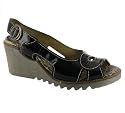 FLY LONDON EDNA WEDGE LEATHER PEEP TOE SANDALS BLACK