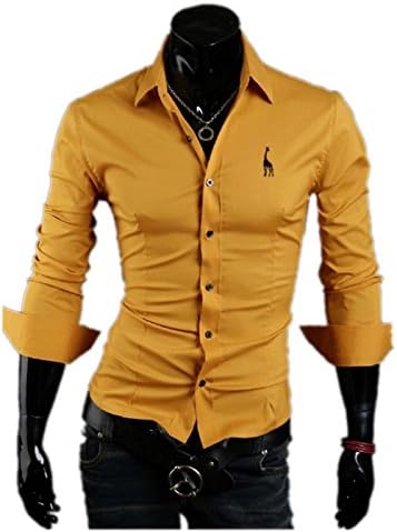 Free2mys Men's Long Sleeve Giraffe Slim Shirt (Yellow, Asia M / US S)