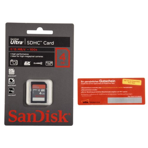 SanDisk SDHC Ultra 4 GB Speicherkarte und 10 Euro Gutschein f&uuml;r Online-Fotoservice - exklusiv bei Amazon.de