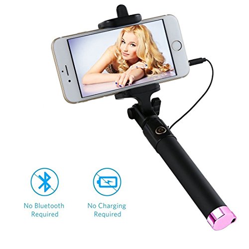 Balichun Wired Selfie Stick with Rotatable Extendable Clamp - Pink