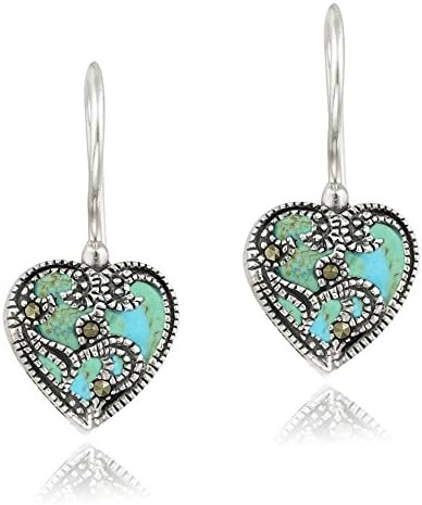 925 Silver Marcasite & Synthetic Turquoise Heart Earrings Natural Women Jewelry