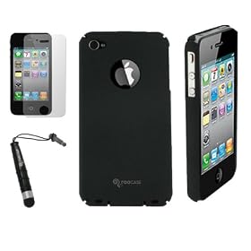 rooCASE 3n1 Original (Black) Slim Fit Shell Case with Mini Capacitive Stylus and Screen Protector for iPhone 4 (Fits AT&T and Verizon)